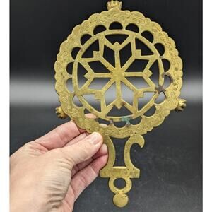 Vintage Round Brass Trivet With Feet & A Handle Nice Patina India Granny Core